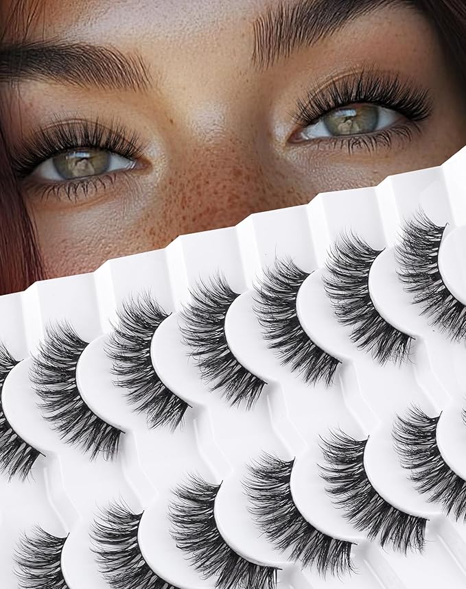 Lashes Volume False Eyelashes Wispy Natural Look Everyday Flared Strip EyeLash Fluffy Lash Long Soft Round-Eye Pack 16MM 7 Pairs D89-GlimoraGlow