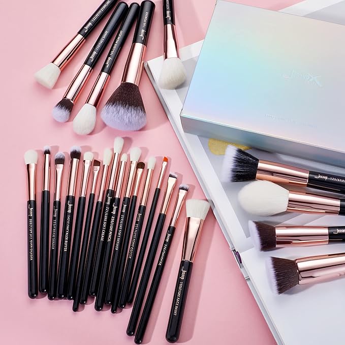 Jessup Brand 25pcs Professional Makeup Brush Set Beauty Cosmetic Foundation Powder Blusher Eyeshadow Blending Natural-Synthetic Hair Brushes Set (Black/Rose Gold)-GlimoraGlow