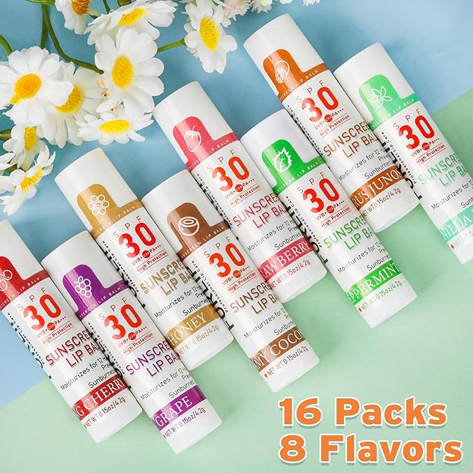 SPF 30 Lip Balm with Sunscreen, SPF Lip Balm Bulk Travel Size-16 Pack, Hydrating Lip Balm Pack with Vitamin E and Coconut Oil- 8 Flavors-GlimoraGlow