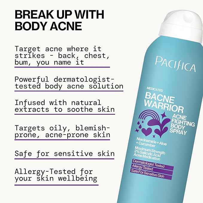 Pacifica Bacne Acne Cleanser Spray - Bacne Warrior - Body Spray for Acne Treatment - w/ 2% Salicylic Acid Niacinamide & Aloe - for Body, Chest & Back Acne for Teens & Adults Vegan Dermatologist Tested-GlimoraGlow