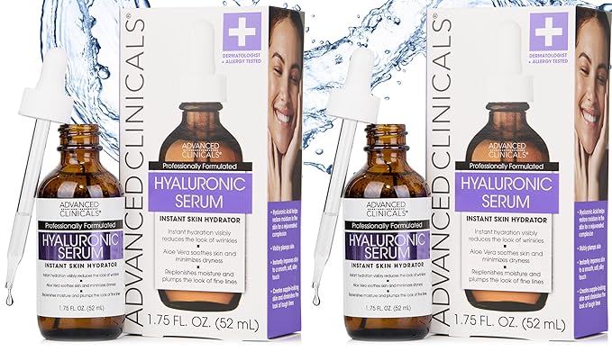 Advanced Clinicals Hyaluronic Acid Serum For Face | Moisturizing Facial Skin Care Products | Hydrating Serum For Face Helps Improve Look Of Wrinkles, Fine Lines, & Uneven Dry Skin Texture, 2-Pack-GlimoraGlow