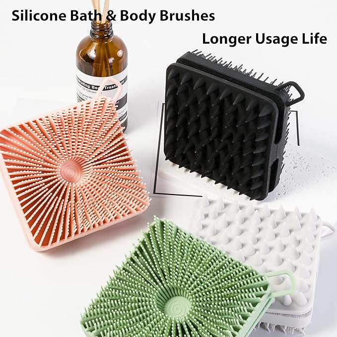 2 PC Silicone Exfoliating Body Scrubber, Silicone Body Shampoo Brush, Soft Silicone Loofah for Sensitive Skin, Shower Silicone Hair Scalp Massager, Easy to Clean, Lather Well(Gray&Pink)-GlimoraGlow