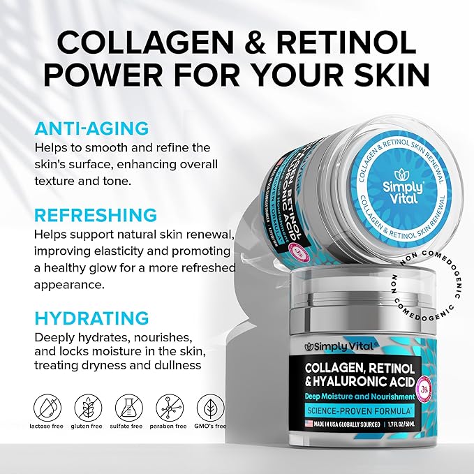 SimplyVital Collagen Face Moisturizer - Anti-Aging Retinol Cream for Face, Neck & Décolleté with Hyaluronic Acid - Made in USA, Daily Moisturizer Face Cream, 2-Pack-GlimoraGlow