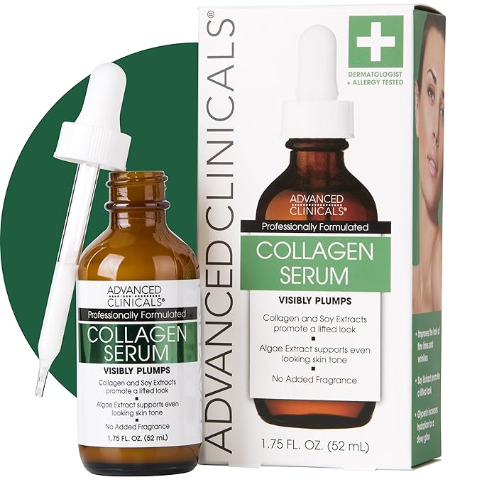 Advanced Clinicals Collagen Serum For Face | Visible Anti Aging Collagen Peptide Serum + Hyaluronic Acid Moisturizer Improves Look Of Wrinkles, Dry Skin, & Fine Lines, No added Fragrance, 1.75 Fl Oz-GlimoraGlow