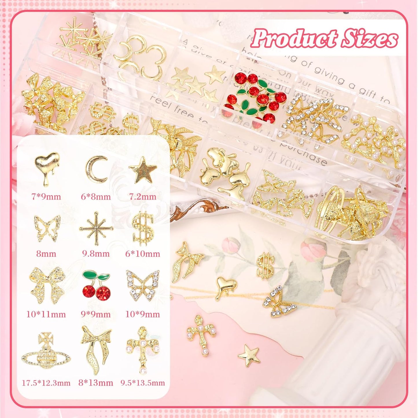 2 Boxes Alloy Gold Nail Charms, 3D Butterfly Star Cherry Nails Gems Charms, Mixed Shapes Golden Bows Heart Star Nail Studs Gold Flatback Pearls Beads for Nails Art Design DIY Accessories-GlimoraGlow