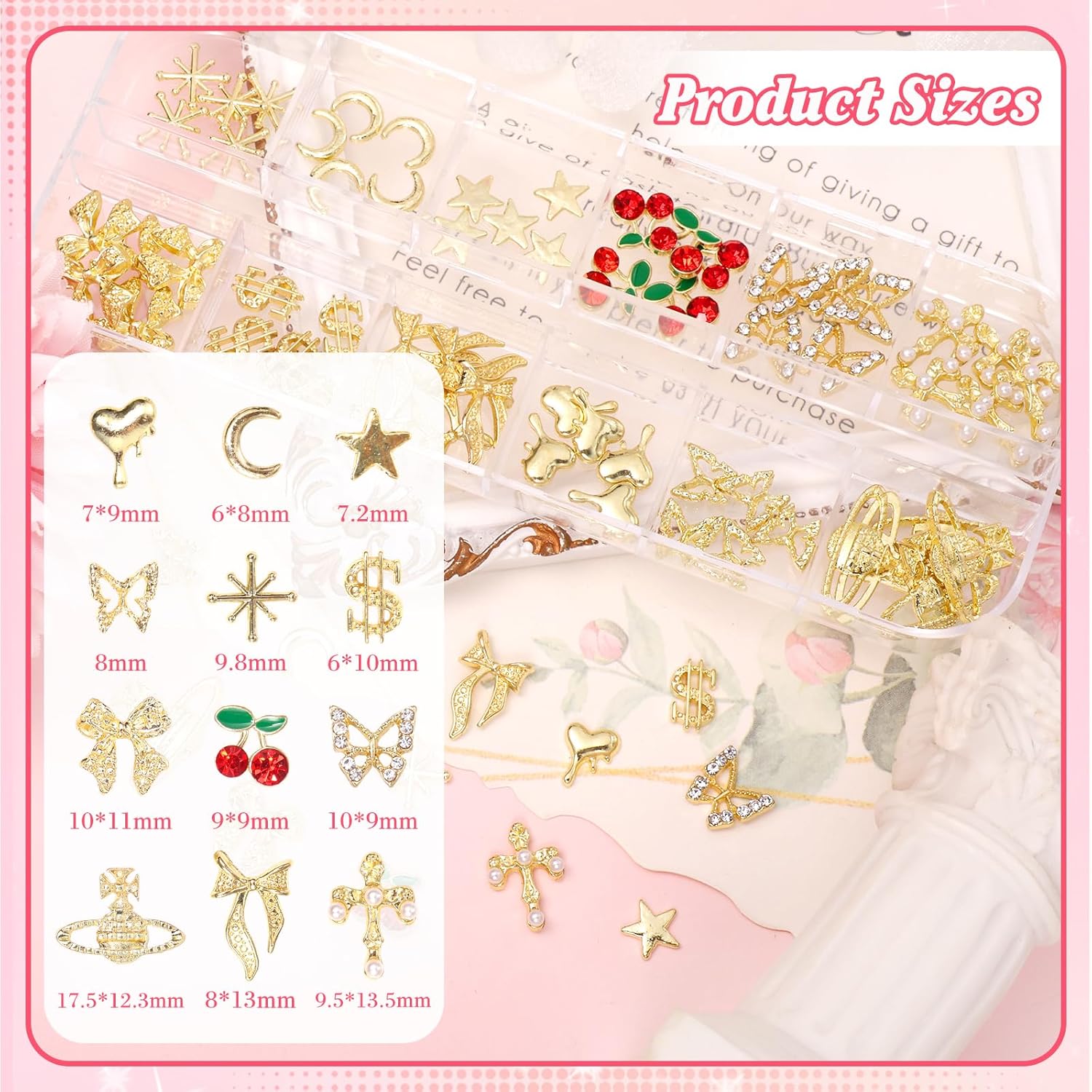 2 Boxes Alloy Gold Nail Charms, 3D Butterfly Star Cherry Nails Gems Charms, Mixed Shapes Golden Bows Heart Star Nail Studs Gold Flatback Pearls Beads for Nails Art Design DIY Accessories-GlimoraGlow