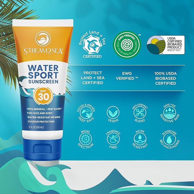 STREAM 2 SEA SPF 30 Mineral Sunscreen Biodegradable and Reef Safe, 1 Fl oz Travel Size Pack of 3, Paraben Free Non Greasy and Moisturizing Mineral Sunscreen For Face and Body Against UVA and UVB-GlimoraGlow