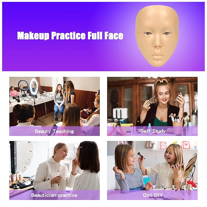 Makeup Practice Mannequin Face, 5d Reusable Silicone Makeup Practice Board Full Face with Makeup Brushes Sponge Set and Eyeshadow Board Makeup Kit for Makeup Artist, Girl's Gift Or Professionals-GlimoraGlow