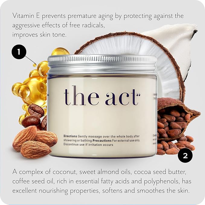 THE ACT Solid Coconut Body Butter – Organic Vegan Moisturizer with Shea & Almond Oils – Melts in Hands – Massage Balm for Dry Skin – Natural Skincare for Women & Men – 6 oz with Spatula-GlimoraGlow