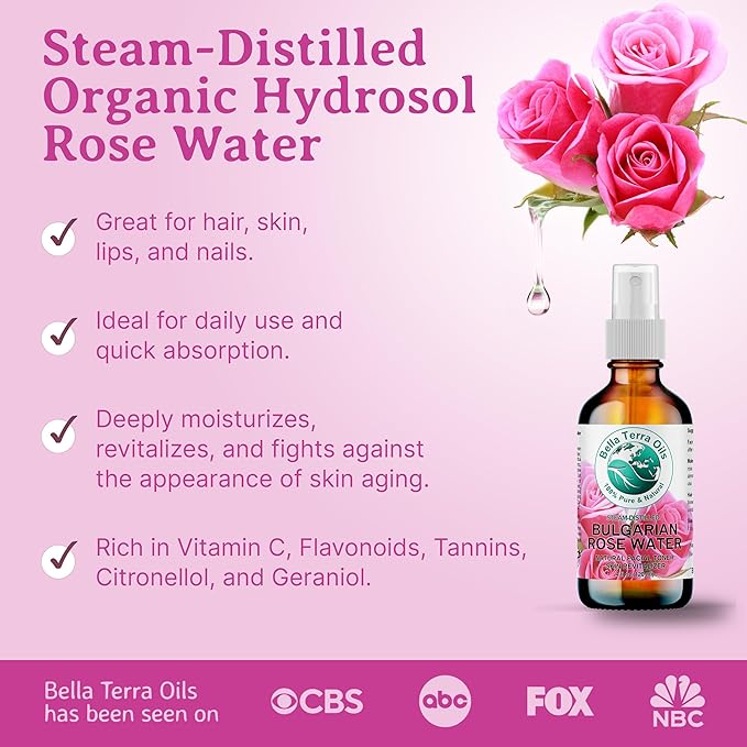 Bella Terra Oils - Organic Rose Water Mist 4 oz - Capture The Bulgarian Rose Essence, Perfect as a Gentle Rosewater Face Mist, Free from Synthetics-GlimoraGlow