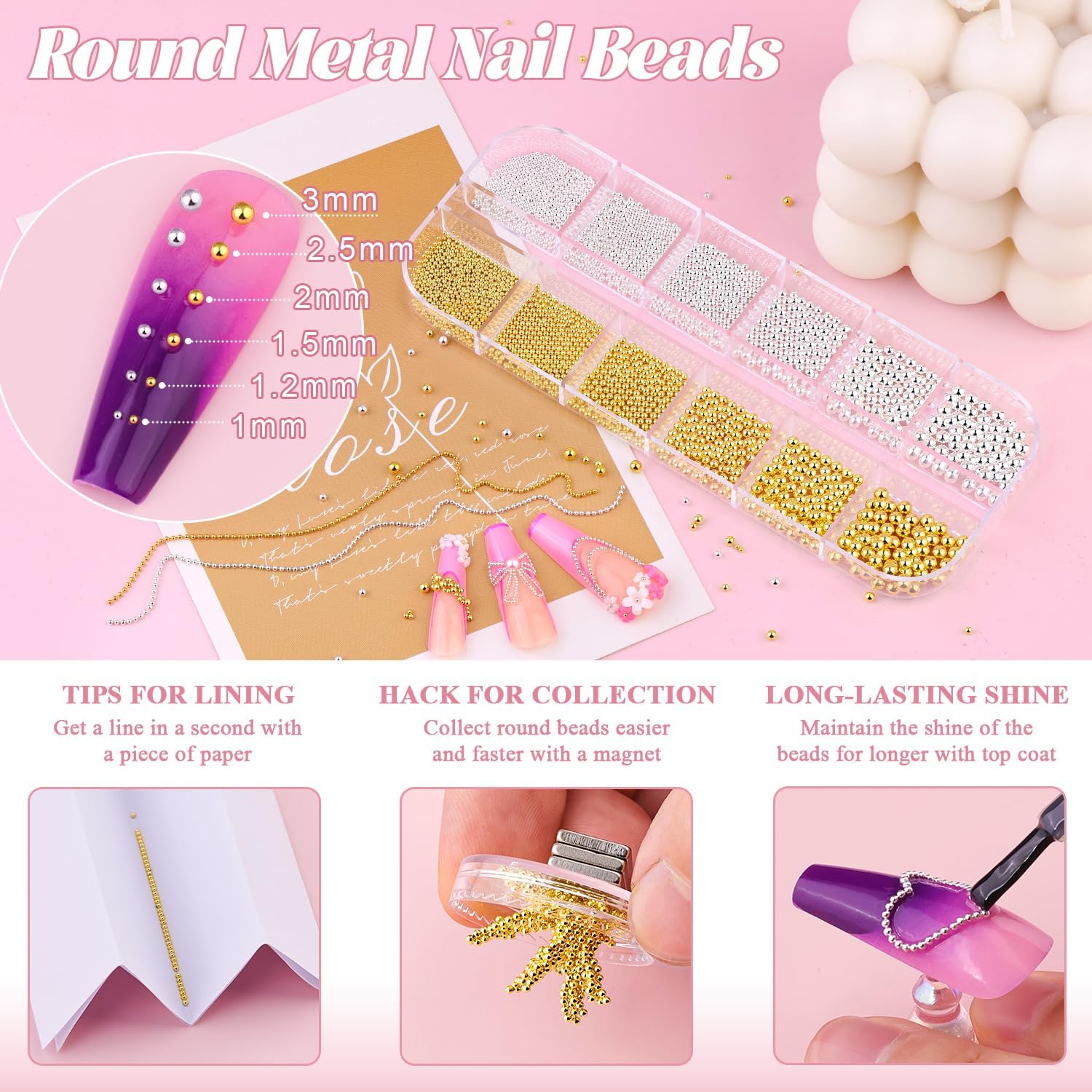 1-3MM Mini Small Nail Beads Metal Caviar Bead Silver Gold Nail Charms and Gems Ball, Nail Chain for Nail Art Accessories Supplies Gold Rhinestones for Women Manicure-GlimoraGlow