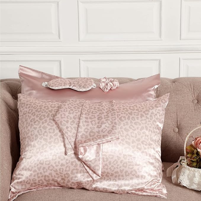 2 Pack Satin Pillowcase with Latent Zipper, Adjustable Satin Eye Mask for Sleeping and Satin Volume Scrunchie for Hair and Skin, Standard Size (Pink, Leopard Style)-GlimoraGlow