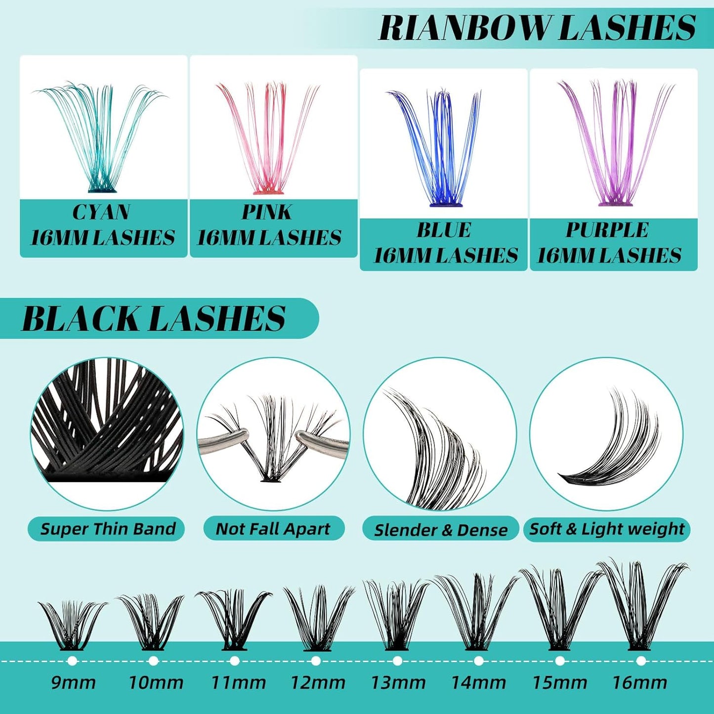 Lash Extension Kit 320Pcs,DIY Individual Lashes Clusters Kit,Lash Bond And Seal,Lash Remover For Colorful Eyelashes Extensions,Lash Applicator Tools For False Eyelash Cluster Kit(40D,D-Mix9-16mm Kit)-GlimoraGlow