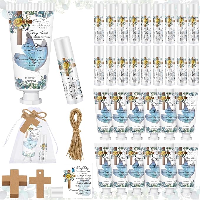 144 Pcs Christian Lip Balm Hand Cream Set Party Favors, Include 36 Bible Lip Balm 36 Moisturizing Hand Cream 36 Bags 36 Cards and Ropes for Accessories Gifts (Biblical, Cross)-GlimoraGlow