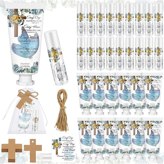 144 Pcs Christian Lip Balm Hand Cream Set Party Favors, Include 36 Bible Lip Balm 36 Moisturizing Hand Cream 36 Bags 36 Cards and Ropes for Accessories Gifts (Biblical, Cross)-GlimoraGlow