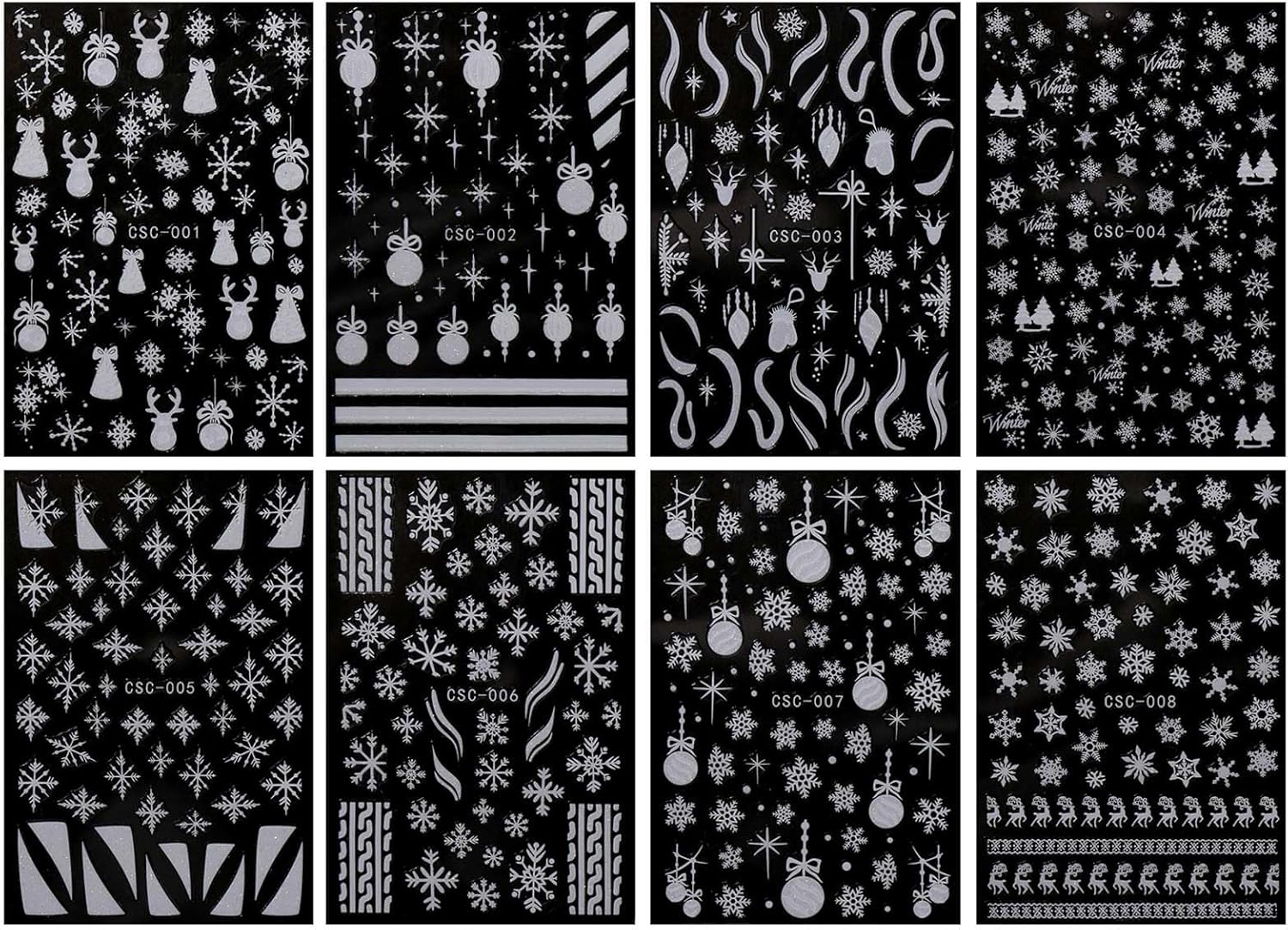 JMEOWIO 8 Sheets Christmas Glitter Nail Art Stickers Decals Self-Adhesive Cute Snowflake Winter Holiday White Nail Supplies Nail Art Design Decoration Accessories-GlimoraGlow