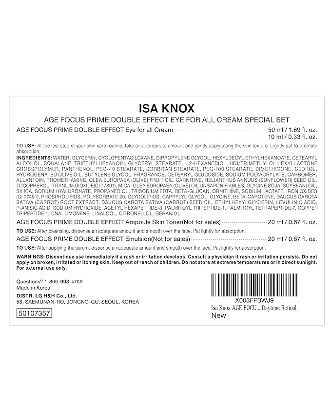 Isa Knox AGE FOCUS Prime Double Effect Eye For All Cream Set (3.4fl oz) - Korean Skincare Set, Lightweight Rich Eye Cream, Toner, Emulsion with Daytime Retinol,-GlimoraGlow