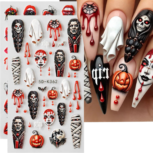 2 Sheets Halloween Nail Art Stickers 5D Embossed Horror Ghost Nail Stickers Big Red Lips Pumpkin Devil's Flame Eye Bat Design Terror Spider Mummy Nail Decals for Women Acrylic DIY Nail Decorations-GlimoraGlow