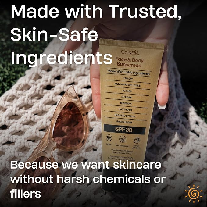 Natural Mineral Sunscreen SPF 30 3 oz: Natural Tallow & Zinc Oxide, Reef Safe, Water Resistant, Fragrance-Free, Non-Greasy Formula for Face and Body-GlimoraGlow