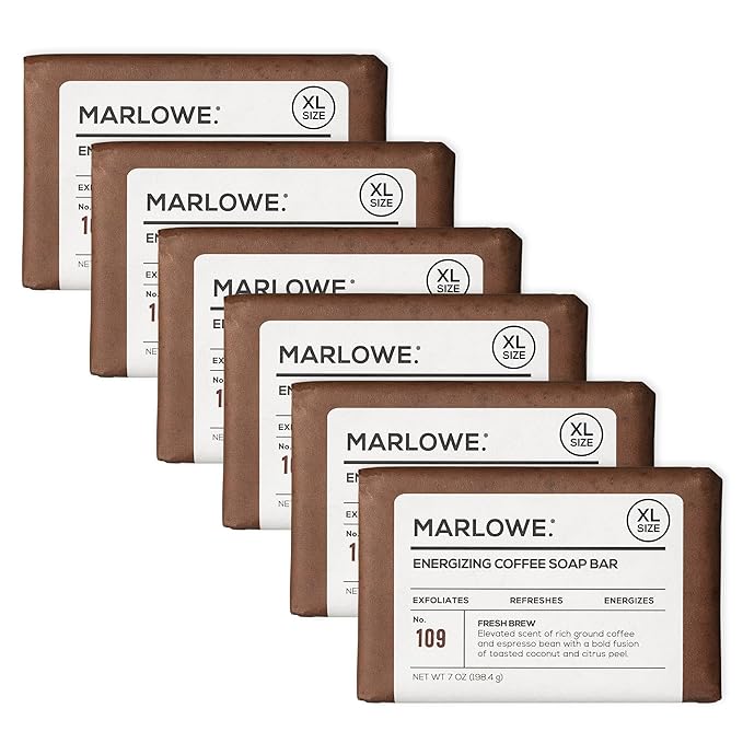 MARLOWE. No. 109 Coffee Bar Soap 7 oz (6 Bars) – Exfoliating Body Scrub for Men with Natural Extracts, Caffeine, Coffee Bean & Cocoa Butter – Energizing Fresh Brewed Scent-GlimoraGlow