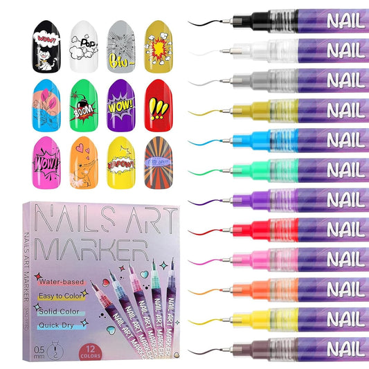 12 Color Acrylic paint pen Set, Kalolary Nail Polish Pens Nail Point Graffiti Dotting Pen Drawing Painting Liner Brush for DIY Nail Art Beauty Adorn Manicure Tools-GlimoraGlow