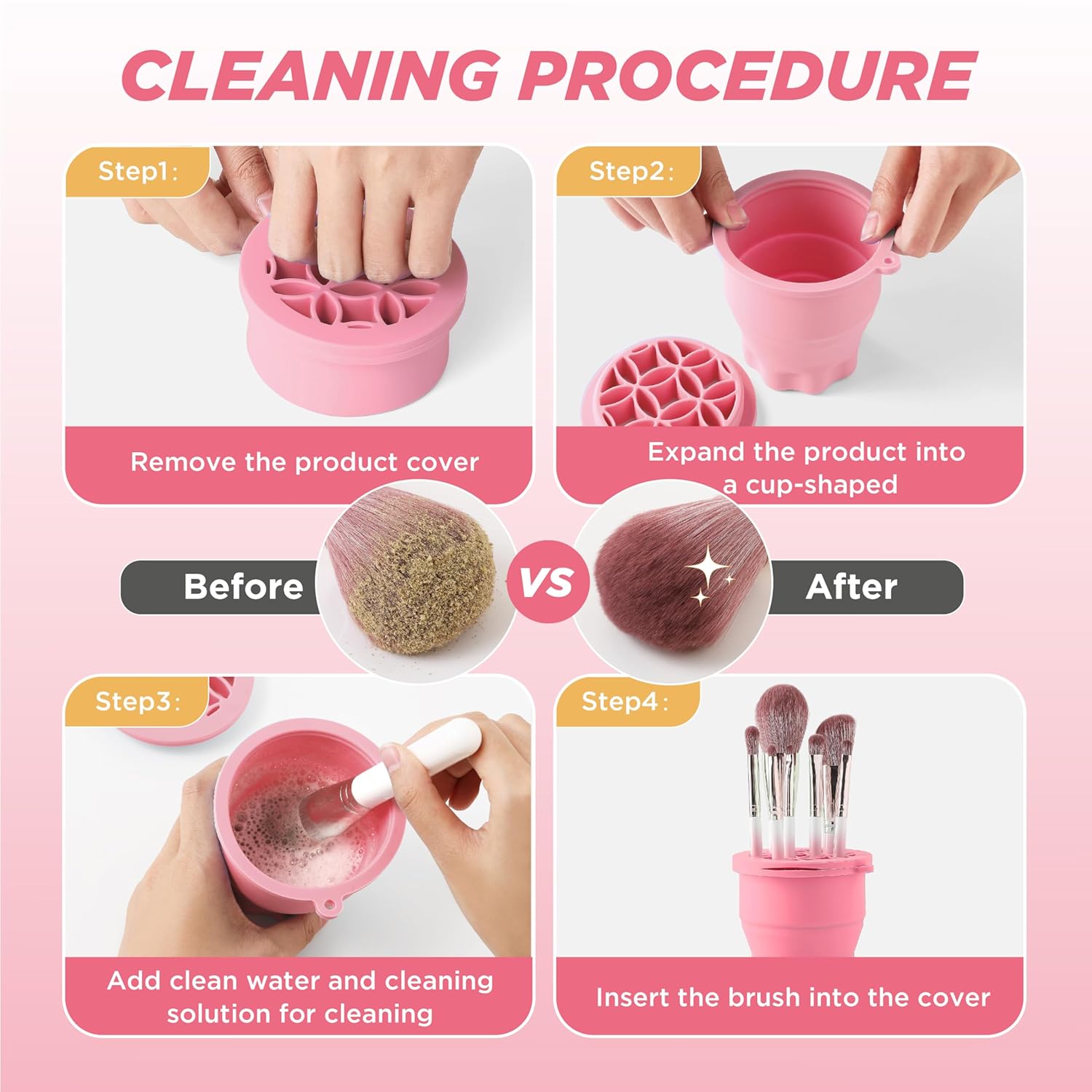 Makeup Brush Cleaner - Foldable Silicone Makeup Brush Cleaner Mat with Brush Storage Holder Makeup Brush Cleaning Bowl Cosmetic Brush Washing Tool for Cleaning Organizer and Drying (Pink)-GlimoraGlow