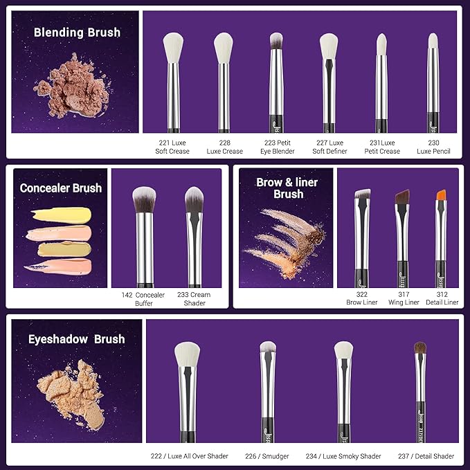 Jessup Eye Makeup Brushes Set Professional 15pcs with Eyeshadow Blending Concealer Eyebrow Eyliner Brush (Pearl Black/Silver)-GlimoraGlow