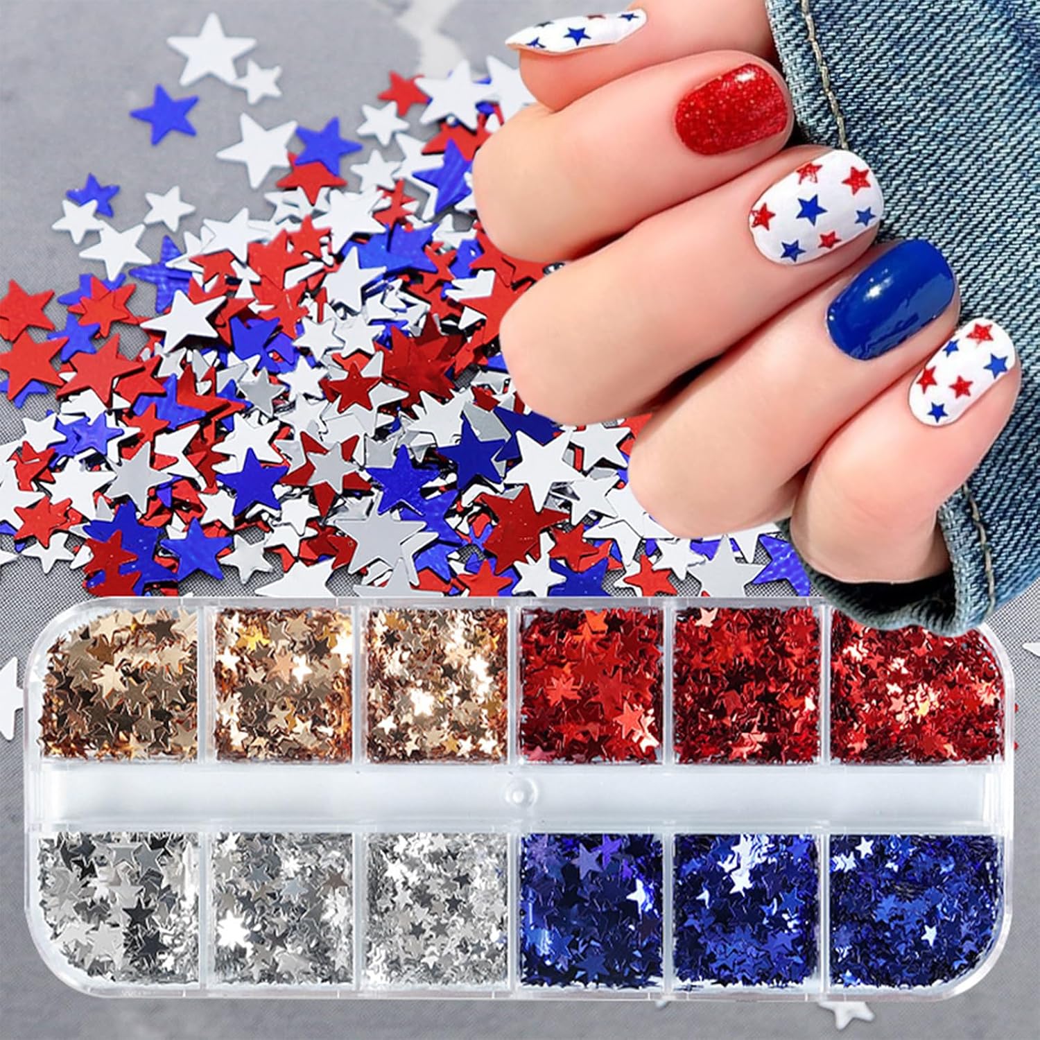 12 Grids Independence Day Nail Sequins，3D Holographic Nails Glitter Laser Star Nail Shining Flakes for Fourth of July Five-Pointed Star Mixed Sequins for America Patriotic Face Makeup Nail Decoration-GlimoraGlow