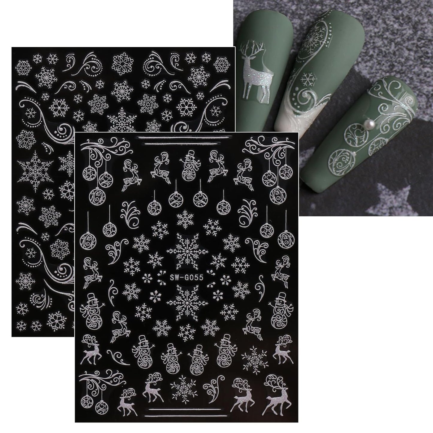 JMEOWIO 9 Sheets Christmas Glitter Nail Art Stickers Decals Self-Adhesive Snowflake Winter Holiday White Nail Supplies Nail Art Design Decoration Accessories-GlimoraGlow