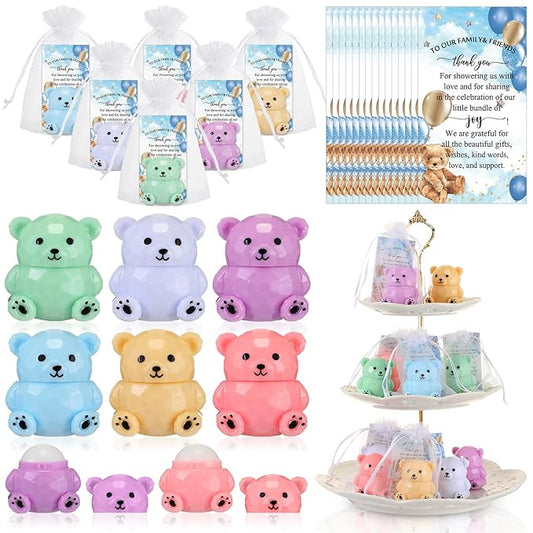 24 Sets Baby Shower Bear Lip Balm Favors Bear Lip Care Transparent Lipstick with Gift Bags and Thank You Cards for Baby Shower Gender Reveal Favors Decorations Gift Supplies-GlimoraGlow