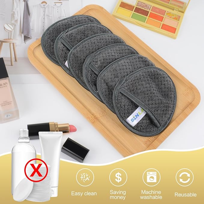 SINLAND Reusable Makeup Remover Pads For Face,Eye,Lips Microfiber Gentle Facial Cleansing Cloths for All Skin Types Friendly for Makeup Remover With Laundry Bag 5.1inchx3.93inch Gray Pack of 6-GlimoraGlow