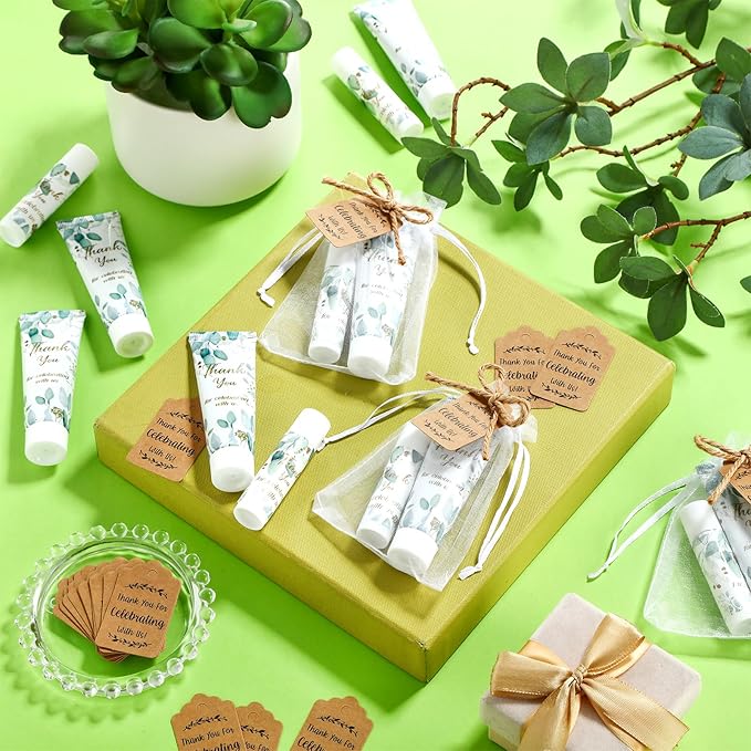 200 Pcs Baby Shower Wedding Party Favors Gift Set, 50 Pcs Baby Shower Hand Cream and 50 Lip Balm for Wedding Bridesmaid Guests Gift Supplies with 50 Organza Bag 50 Thank You Tag(Eucalyptus)-GlimoraGlow