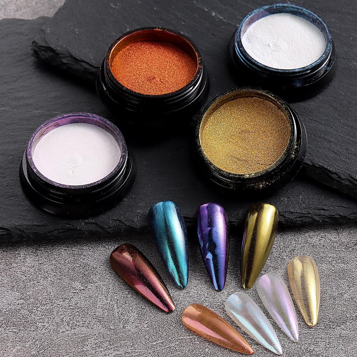 10Pcs Chrome Nail Powder Set, Holographic Unicorn Laser Nail Powder, Aurora Mermaid Iridescent Chameleon Mirror Effect Pigment Glitter Dust for Salon Home Nail Art DIY Decorations-GlimoraGlow