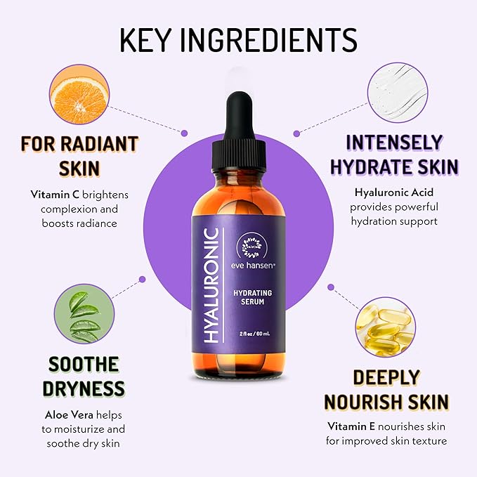 Eve Hansen Hydrating Hyaluronic Acid Serum for Face with Vitamin C, Vitamin E, Green Tea | 72% Organic Firming Facial Moisturizer, Anti-Wrinkle, Skin Plumper (1 oz)-GlimoraGlow