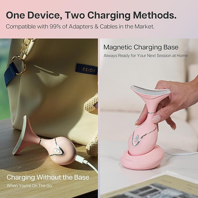 Iris Neck Face Massager, Pro Face Sculpting Tool with Charging Base, All-in-1 Facial Device for Enhanced Absorption, Radiance, Contouring, Elasticity, Home Facial Spa (Pink)-GlimoraGlow