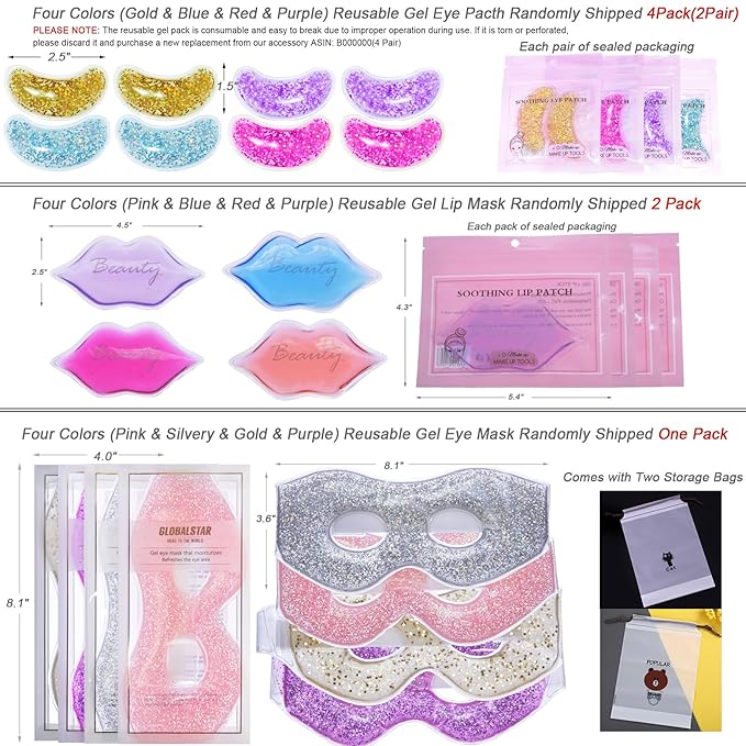Ice Under Eye Patches Eye Mask Lip Care Gel Pads Treatment Mask Lip Mask, Cooling Eye Lip Gel Masks Cold Hot Therapy for Wrinkles Firming Swelling Cosmetic Bruising Reusable 7 Pack-GlimoraGlow