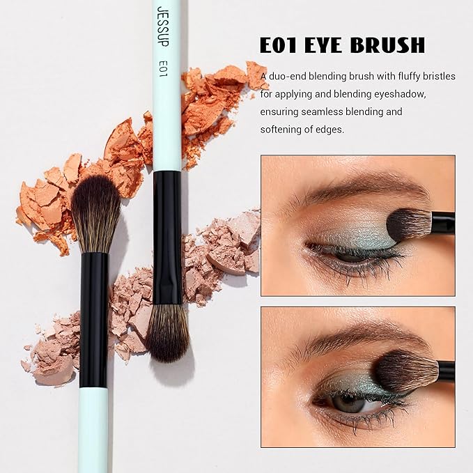 Jessup Makeup Brushes 2pcs Double Sided Foundation Brush Contour Brush Dual Ended Eye Blending Brush, Multi-functional Cosmetic Brush Bright Cyan T502-GlimoraGlow