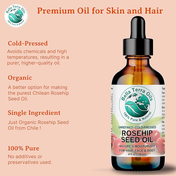 Bella Terra Oils - Organic Rosehip Oil 4 oz - Hailing from The Finest Rosa Mosqueta, Abundant in Omega-6 & Omega-3 Fatty Acids, Pure Radiance for Face-GlimoraGlow