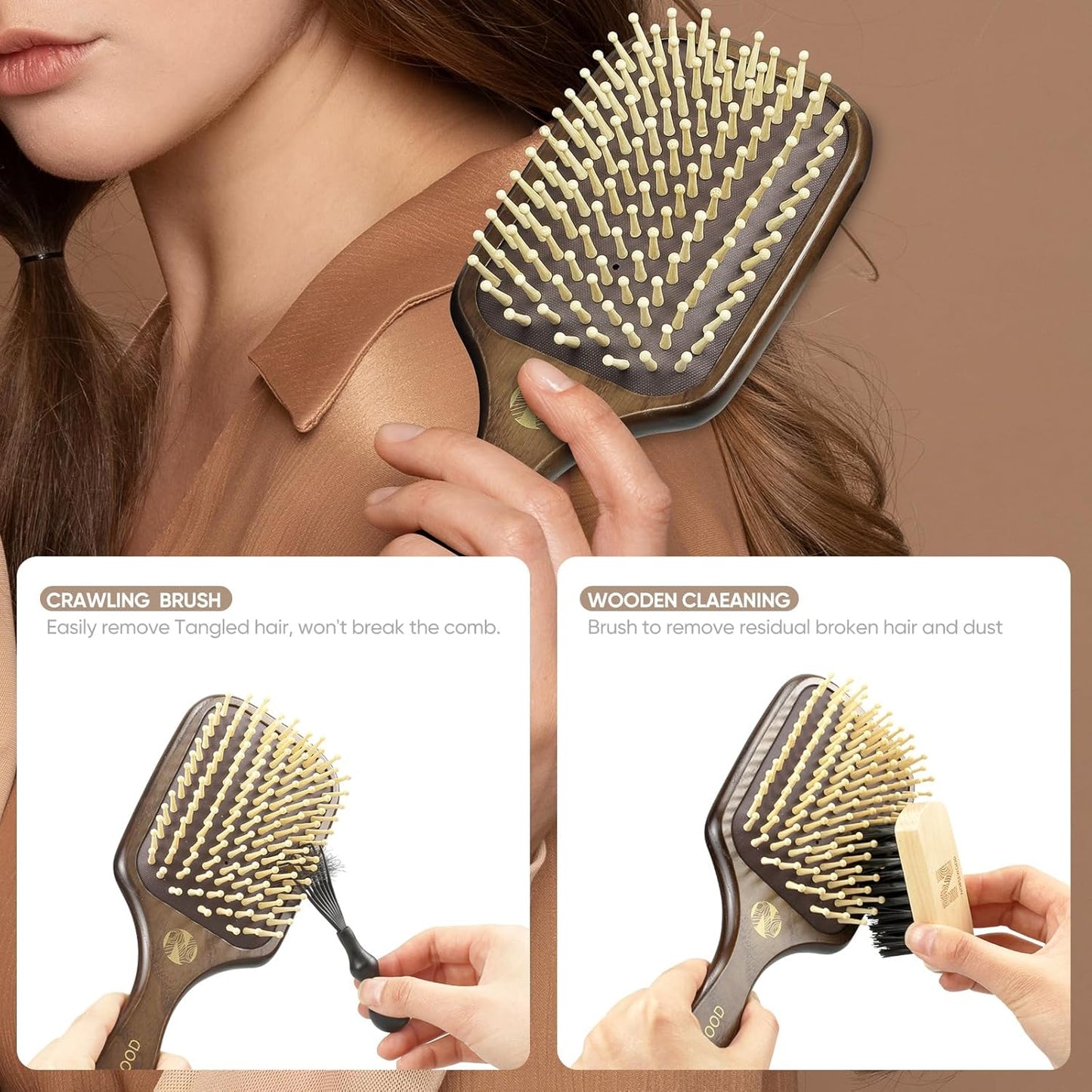 100% Natural Wood Hairbrush for Massaging Scalp,for Most Hair Types, Wooden Bristle for Reducing Damage, Scalp Massager Perfect for Women, Men & Kids-GlimoraGlow