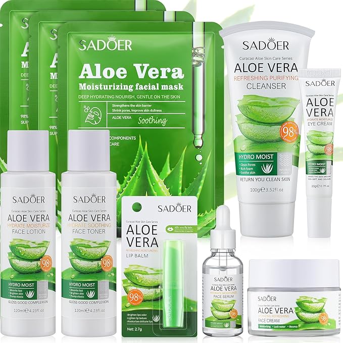 10 Pcs Skin Care Sets Face Care Set for Women Includes 1 Pcs Cleanser, Toner, Lotion, Eye Cream, Serum, Face Cream, Lip Balm and 3 Facial Masks Skincare Gift for Girls (Aloe Vera)-GlimoraGlow