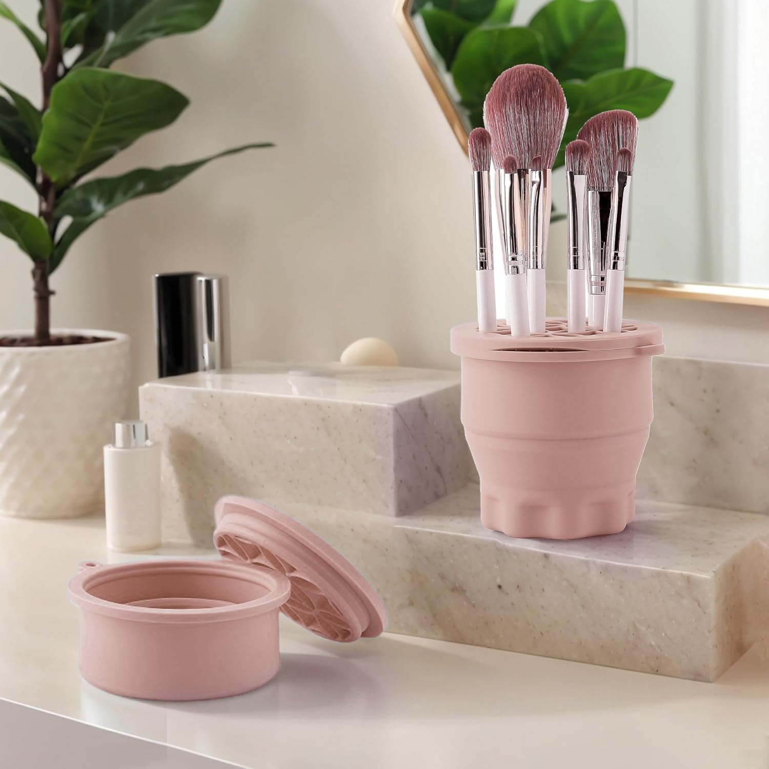 Makeup Brush Cleaner - Foldable Silicone Makeup Brush Cleaner Mat with Brush Storage Holder Makeup Brush Cleaning Bowl Cosmetic Brush Washing Tool for Cleaning Organizer and Drying (Nude Pink)-GlimoraGlow
