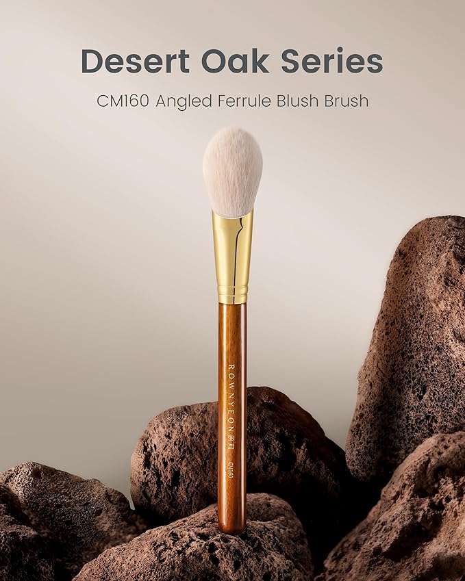 Desert Oak Series CM 160 Angled Blush Brush for Cheeks – Ideal for Powder & Cream Blush, Golden Brass Ferrule, Ebana Bubinga Handle, Soft Nylon Bristles-GlimoraGlow