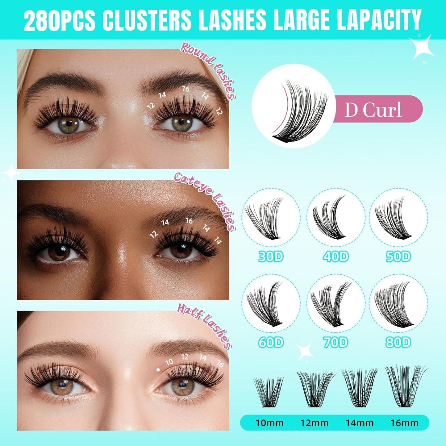 Lash Clusters Wispy 280PCS Eyelash Extension 50D Cluster Lashes Individual Lashes DIY Lash Extension Natural Look Cluster Eyelash Extensions Soft False Eyelashes at Home for Beginners(10mm)-GlimoraGlow