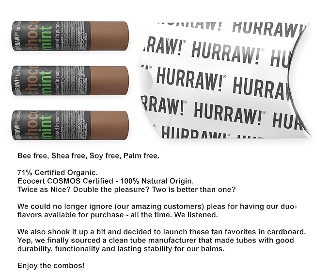 Hurraw! Chocolate & Mint Lip Balm, 3 Pack: Plastic-Free with new cardboard push-up tube. Certified Organic, All Natural Origin, Vegan & Cruelty Free. Gluten, Bee, Shea, Soy & Palm Free. Made in USA-GlimoraGlow