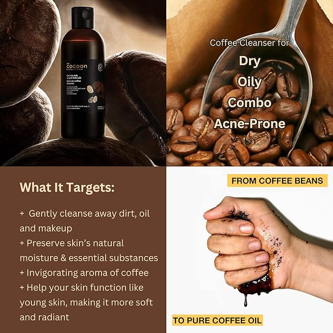 Cocoon Dak Lak Coffee Cleanser, Vegan Facial Cleanser Low PH, Daily Face Wash for All Skin Types, Gentle Makeup Remover, With Antioxidants for Glowing Skin & Less Visible Pores-GlimoraGlow