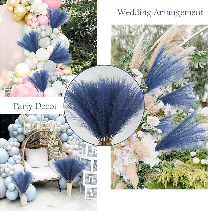 50pcs Faux Pampas Grass, 21.6" Short Artificial Pompous Grass Floral Fake Pompas Grass Branches Vase Filler Flower Arrangement for Home Wedding Boho Decor, Blue