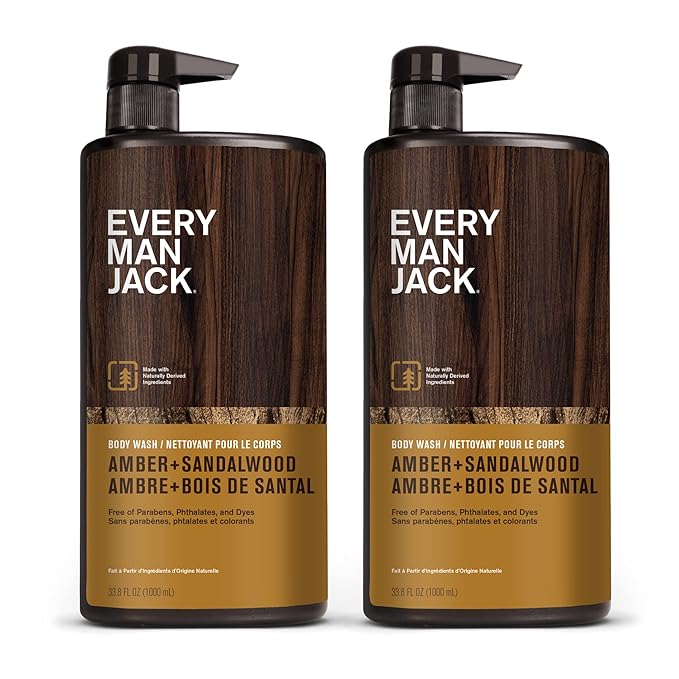 Every Man Jack Amber + Sandalwood Mens Body Wash for All Skin Types - Cleanse, Hydrate, and Smell Great - Free of Parabens, Phtalates, and Dyes - 33.8 fl oz (2 Pack)-GlimoraGlow