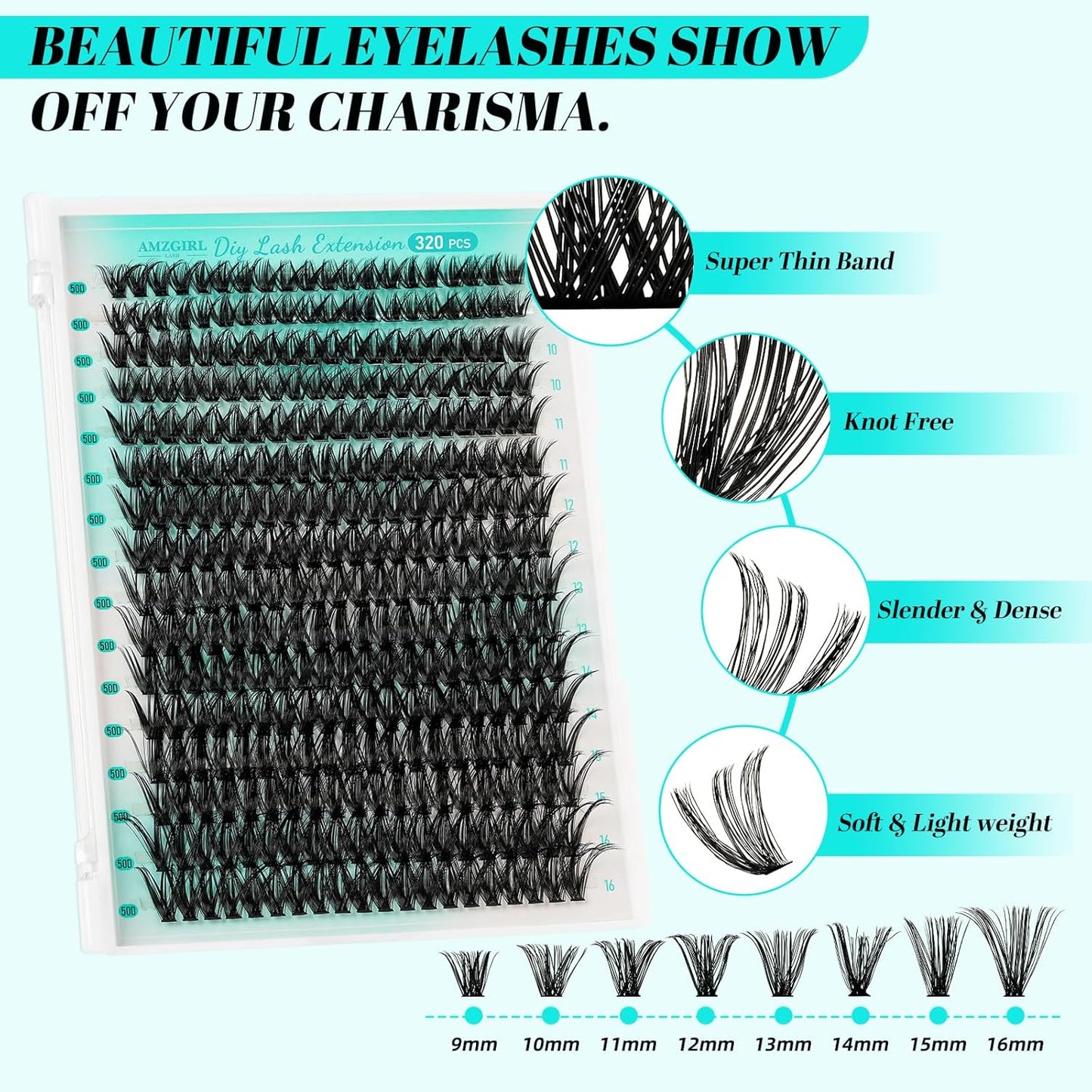 Lash Extension Kit 320Pcs,DIY Individual Lashes Clusters Kit,Lash Bond And Seal,Lash Remover For Eyelashes Extensions,Lash Applicator Tool For False Eyelash Cluster Kit At Home(50D,D-Mix9-16mm Kit)-GlimoraGlow