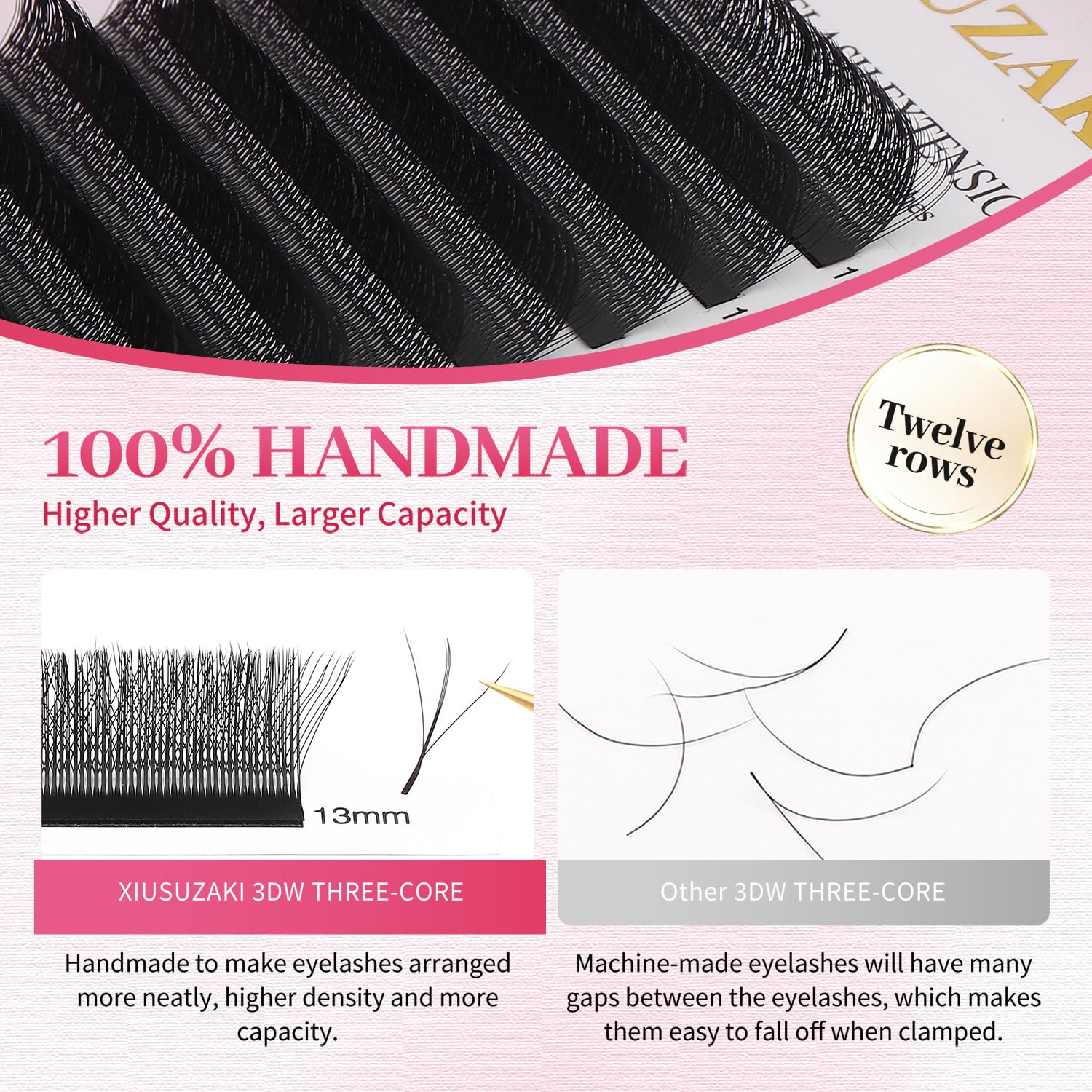 Lash Extensions Three Core Tips 3D Eyelash Extensions W Shape 0.07mm Thickness D Curl 11mm Premade Fans Easy Fan Volume Lashes Matte Black Crisscross(W-3D-Three Core-0.07-D,11mm)-GlimoraGlow