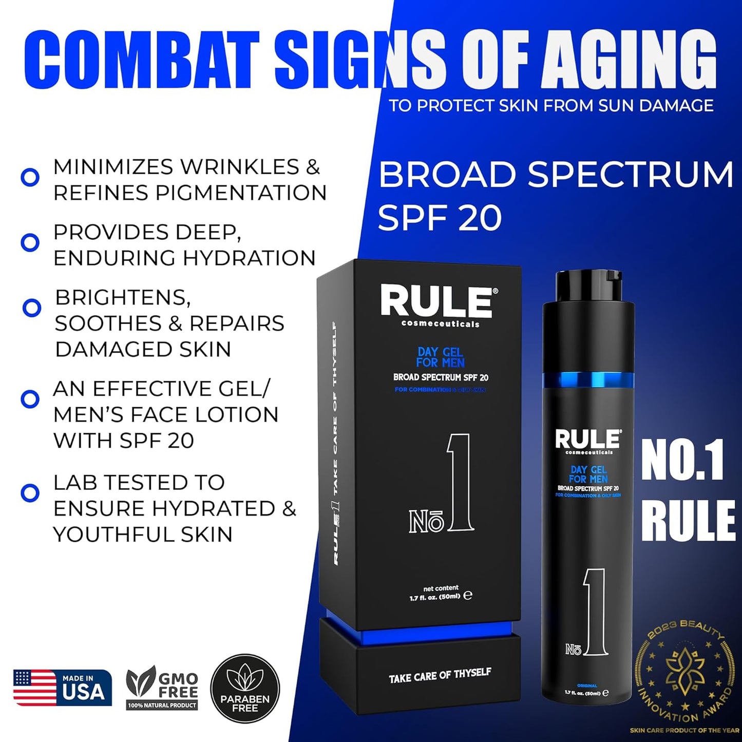 No.1 Day Gel for Men, 10-in-1 Anti-Aging Face Moisturizer to Reduce Wrinkles, SPF 20, Collagen, Vitamins B, C & E - Combination & Oily Skin - Original, 50 mL-GlimoraGlow